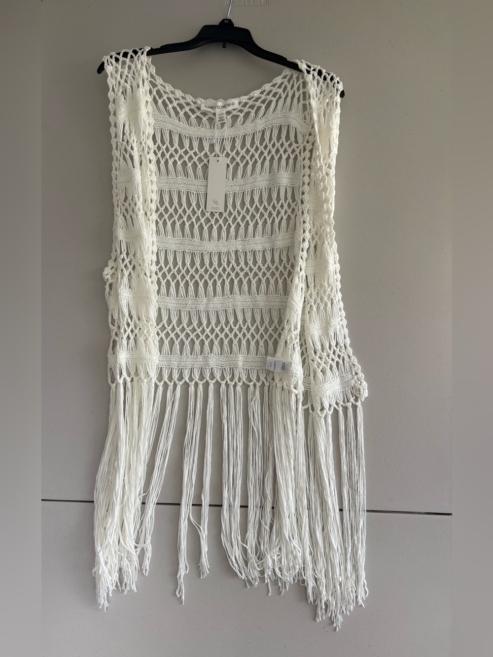 Open-Knit Fringe Vest Shrug in Cream